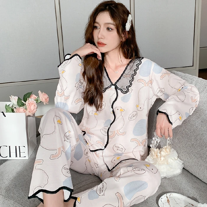 CAIYIER 2022 Winter V-Neck Women Pajamas Set Lovely Girls Simple Nightwear Ladies Loungewear Cartoon Bowknot Print Pijama Mujer