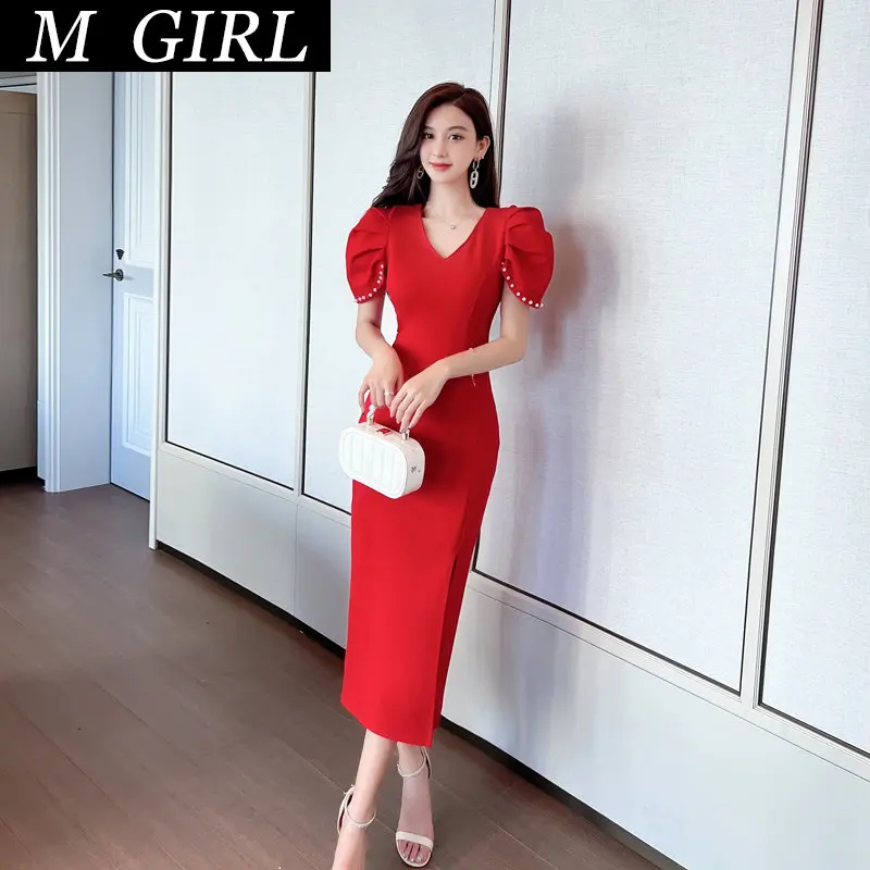 M GIRLS Sexy Summer Clothes for Women Outfits 2022 V-neck Hip Wrap  Puff Sleeve Dress Designer Womens Clothing  Traf Midi