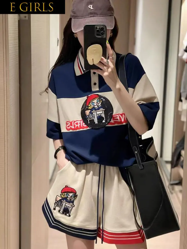 

E GIRLS Cartoon Casual Tracksuit Suit conjunto feminino shorts e blusa 2023 Summer Loose Short Sleeved Top 2 Piece Sets Women Ou