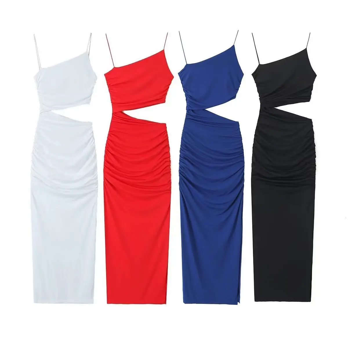 

Women 2023 New Fashion opening design Asymmetric Tight Midi Dress Vintage Sleeveless Thin Straps Female Dresses robe Mujer