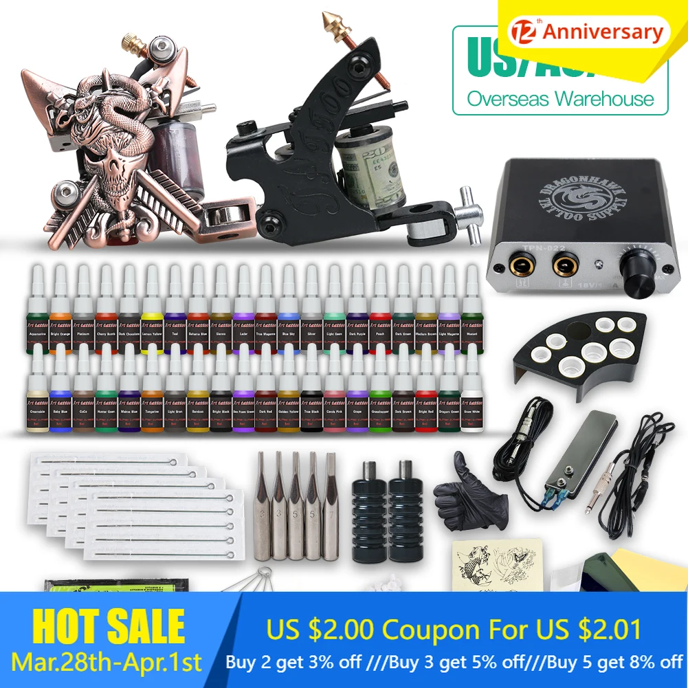 

Beginner Complete Tattoo Kit Supplies 2 Machine Guns Power supply Needles Grip Tip Set HW-10GD