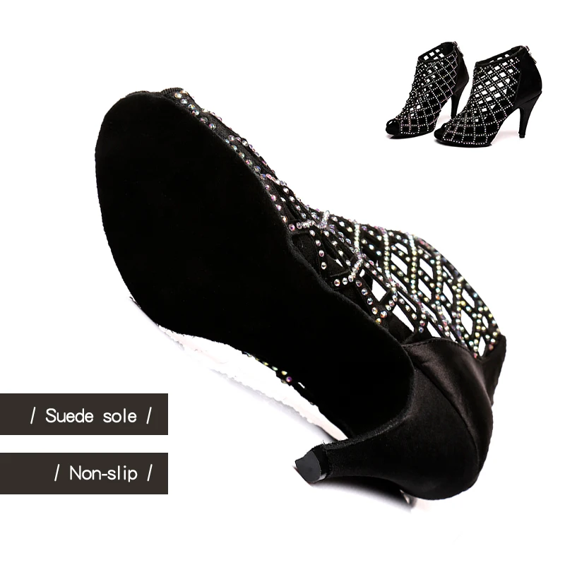 DKZSYIM Black Latin Dance Shoes Women Sparkling Professional Ballroom Dance Salsa Boots Party Dance Shoes Rhinestone High Hells