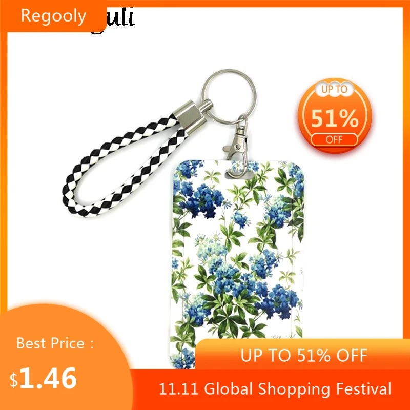

Bule Green Flowers Fashion Women Card Holder Lanyard Colorful Reel Nurse Doctor Student Exhibition ID Card Clips Badge Holder