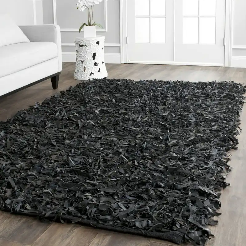 

Leather Shag Area Rug, Black, 2'3" x 4'