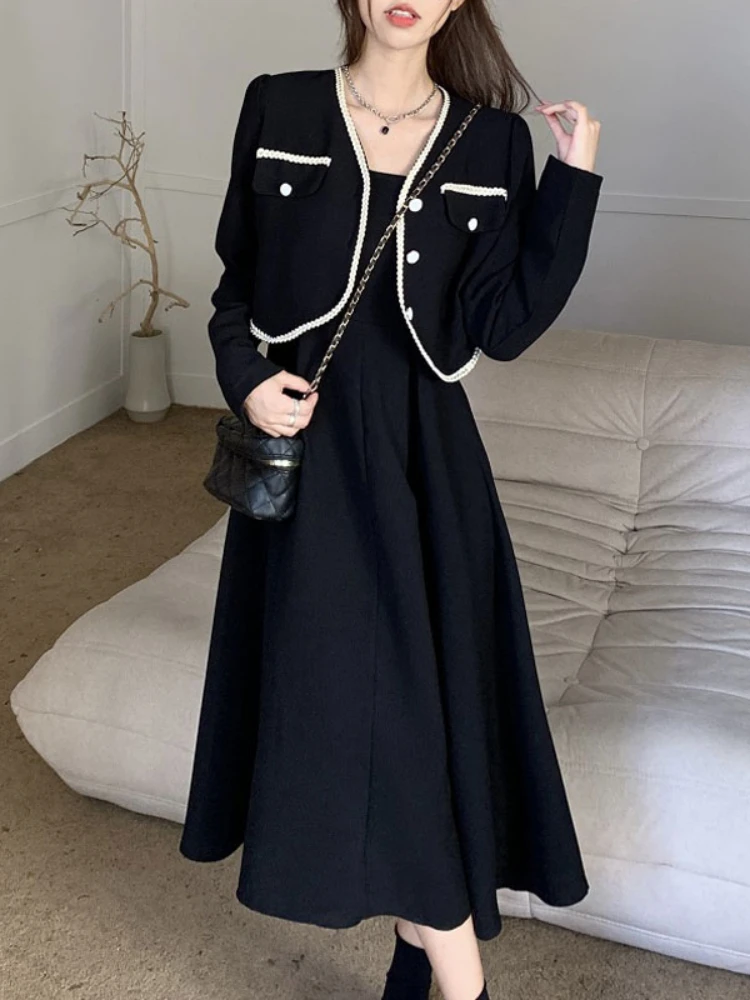

Autumn Chic Two Piece Dress Set Women Blazer Coat+Strap Dress Set Female Casual Korean Fashion Elegant Dress Suit