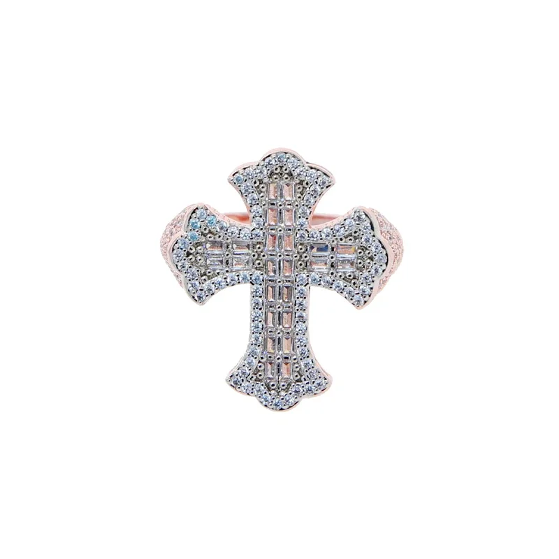 Iced Out Cubic Zircon Bling Cz Paved Розовое золото Цвет Крест Палец Кольцо Мода Мужчины Хип-Хоп