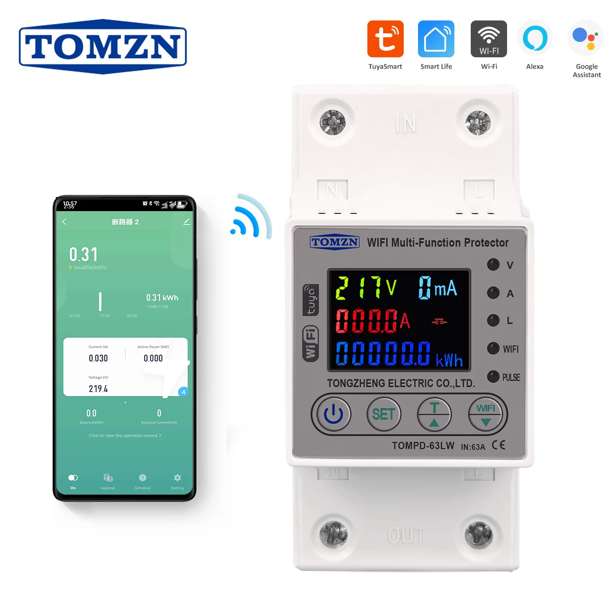 

Умный выключатель TOMZN 2P 63A WiFi с датчиком энергии