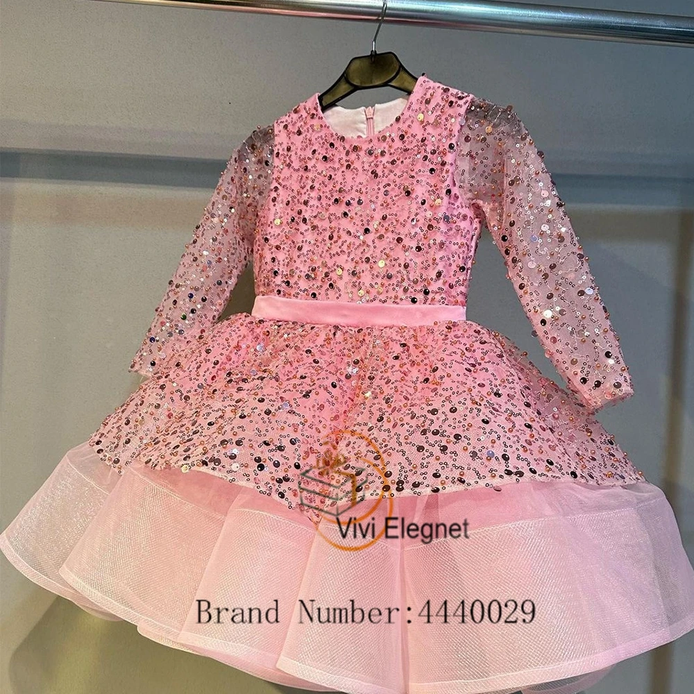 

Pink Flower Girl Dresses for Girls Full Sleeve Tiered Sequined Wedding Party Gowns 2023 Summer Belt Organza فساتين اطفال للعيد