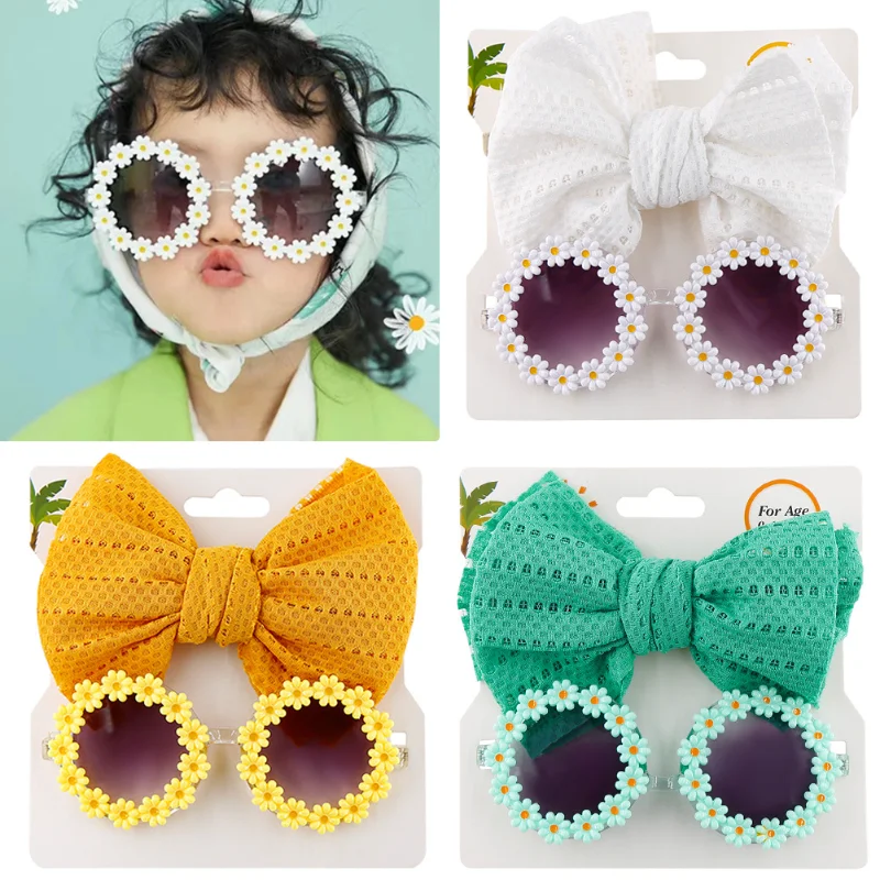 

2Pcs Kids Sunglasses Headband Set Baby Unglasses Elastic Nylon Headband Bohemia Beach Seaside Sun Glasses Kids Puff Bow Headwear