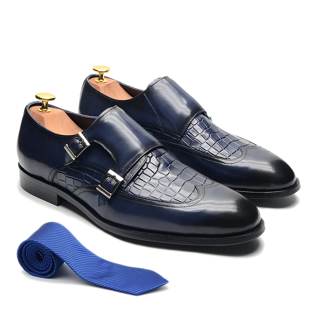

Classic Style Mens Double Buckle Monk Strap Dress Shoes Genuine Leather Wingtip Crocodile Print Business Office Formal Shoes Men
