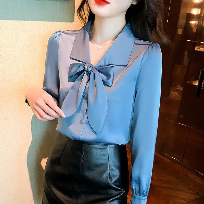 2022 Spring New Korean Style Vintage Shirt Women Blouse Elegant Chiffon Blouses Womens 3XL Bow Lapel Long Sleeve Shirt Female