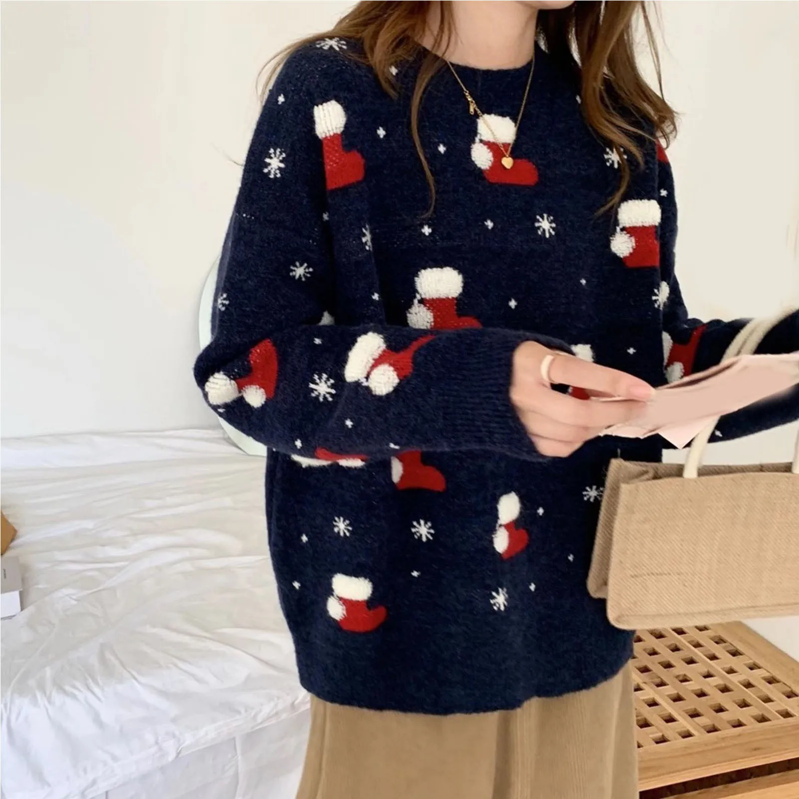 

Женские рождественские носки, шапки, вязаный свитер с рисунком, мягкие удобные пуловеры с длинным рукавом, Рождественский свитер для женщин