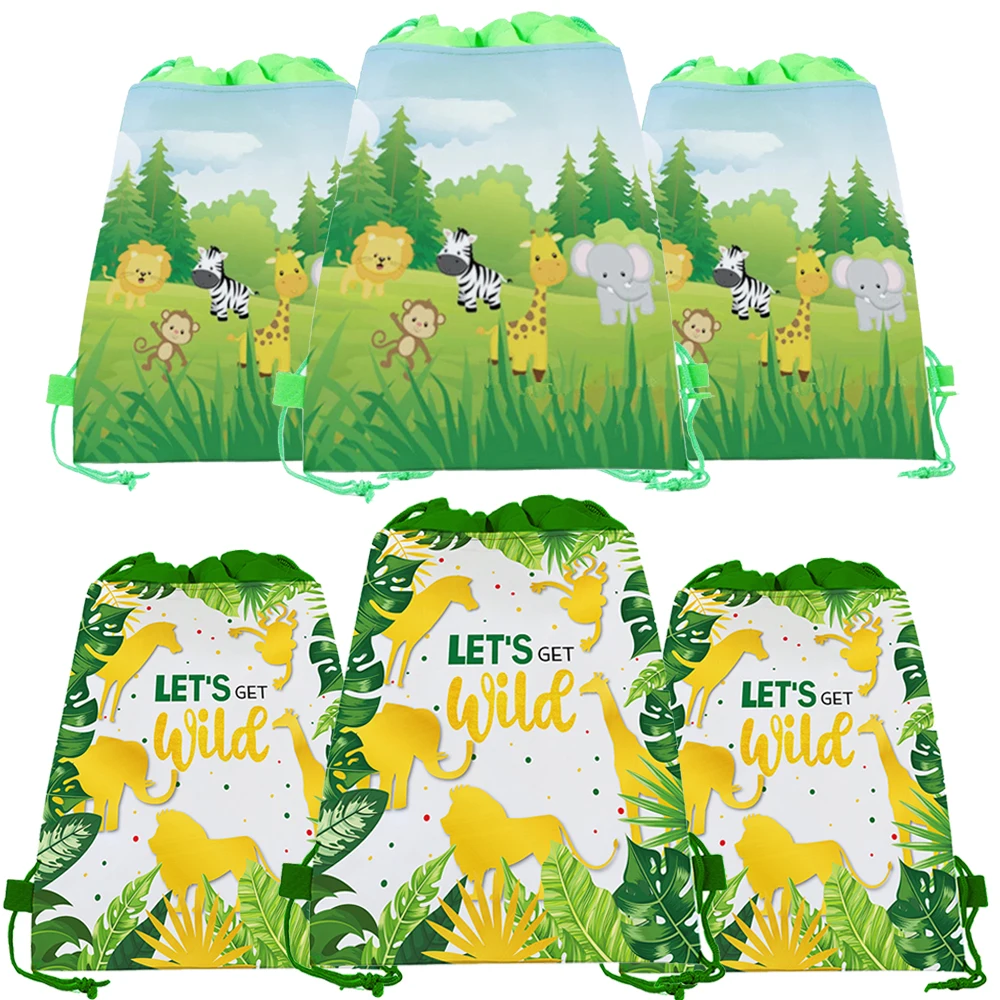 

3pcs Jungle Animal Drawstring Backpack Bags Safari Themed Non Woven Bags Candy Goodie Present Bag Jungle Birthday Party Favors