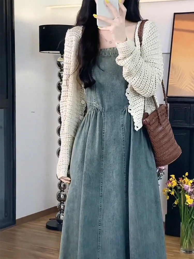 Новинка 2024 летний джинсовый кардиган на бретельках во французском стиле в ретро