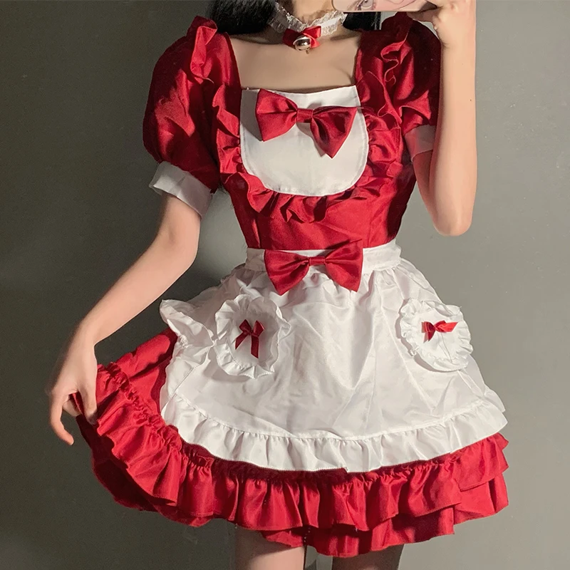 

Japanese Girls Sexy Cat Maid Outfit Red Cute Lady Short Sleeve Summer Daily Suit Maid Lolita COS Dres