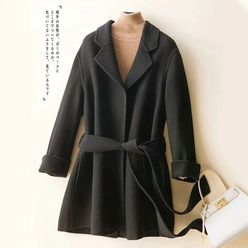 Woolen Coat 100% Wool Women 2023 Autumn Winter Double-Sided Cashmere Woolen Jacket Belt Long Coat Streetwear Camel Black Outwear