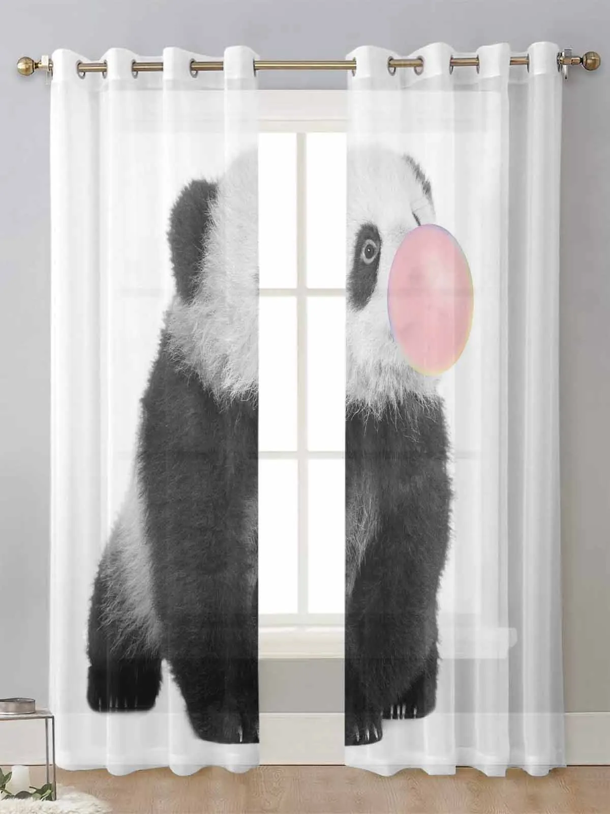 

Animal Panda Bubble Pink Sheer Curtains For Living Room Window Transparent Voile Tulle Curtain Cortinas Drapes Home Decor