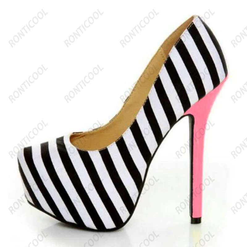 Ronticool New Fashion Women Platform Pumps Sexy Stripped Stiletto Heels Round Toe Elegant Black Party Shoes US Plus Size 5-20