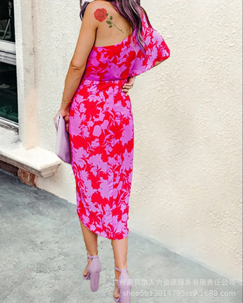 

Rose Red Printed One-Shoulder Wrap Dress 2022 One Shoulder Floral Print Slit Party Dress New Women Spring Summer Sexy Mini