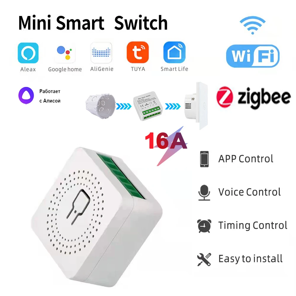 Tuya Zigbee WIFI Mini Smart DIY Light Switch 10A 16A 2 Way Remote Control Breaker Works with Alexa Alice Google Home Smart Life