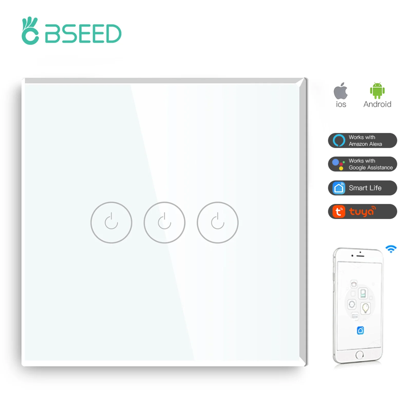 

BSEED Wifi 3 Gang 1 Way Touch Smart Switch Glass Switch White Black Golden Works With Tuya Google Smart Life