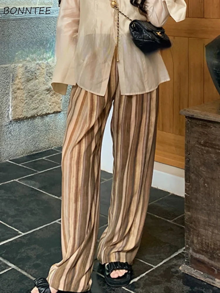 

Casual Pants Women Retro Empire All-match Simple Loose Korean Style Trendy Summer Breathable Ins Striped Design Mujer