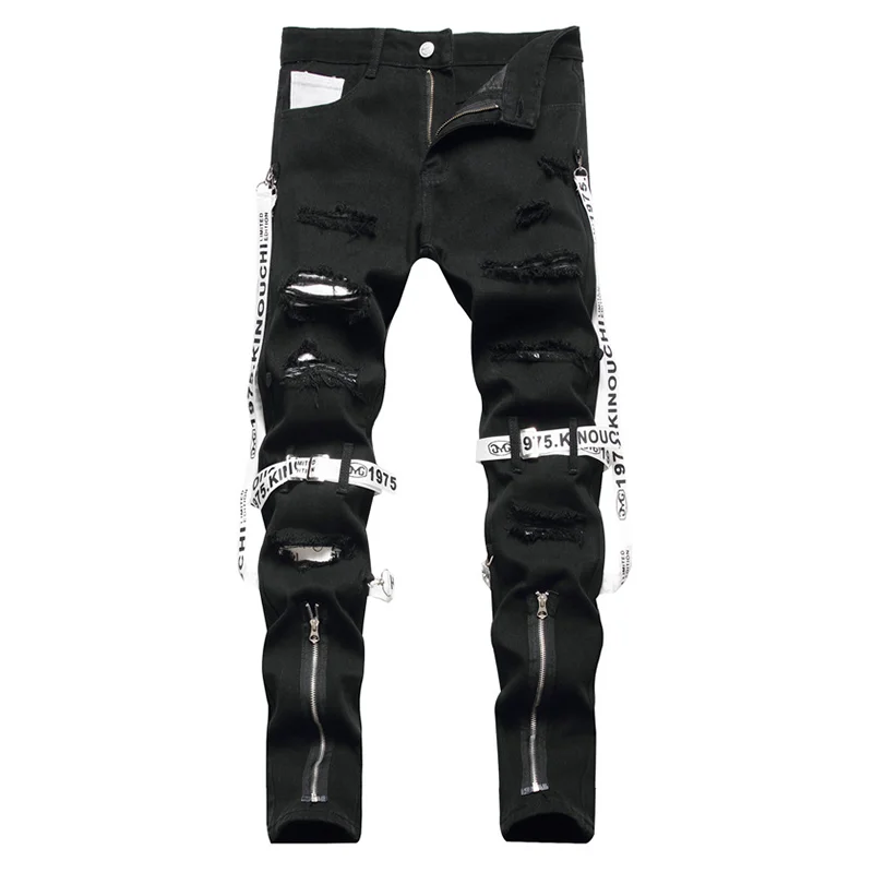 

Мужские черные джинсы на молнии в стиле панк, модные рваные джинсовые брюки в уличном стиле с дырками, зауженные прямые брюки с лентой