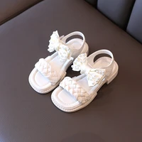 girls sandals 2022 summer new bow pearl princess shoes korean kids fashion soft non slip beach solid black casual flat open toe