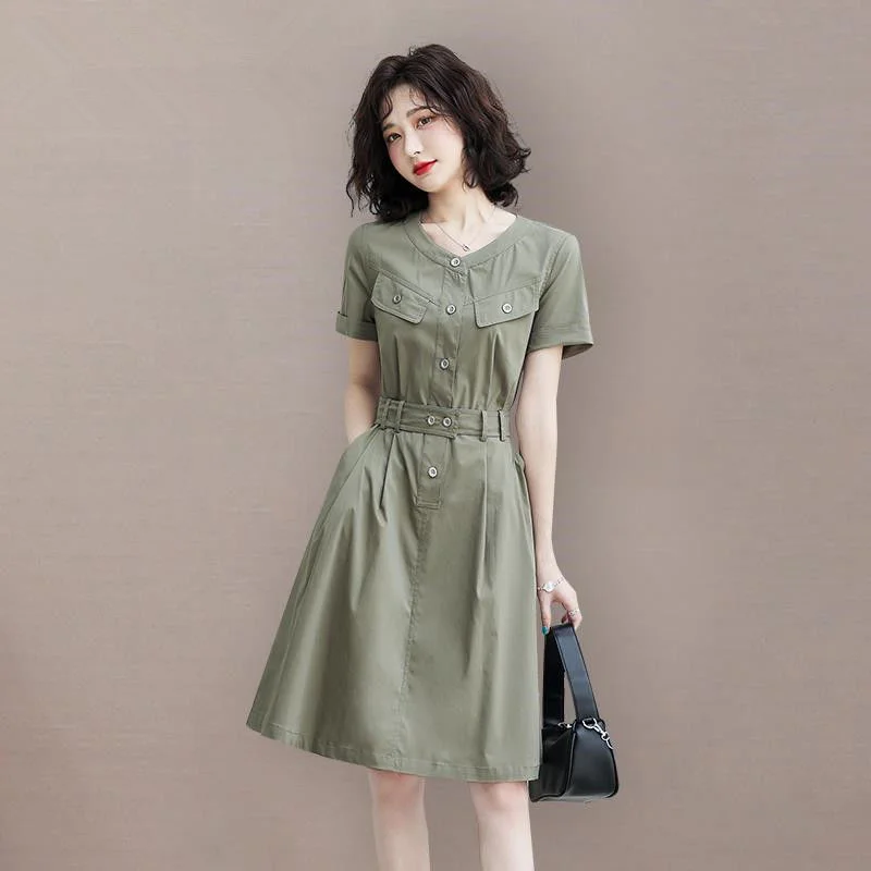

Dress Elegant Women's Summer 2022 New Middle Slim Waist Light Mature Style Short Sleeve A-line Skirt Fashion Streetwear Korean