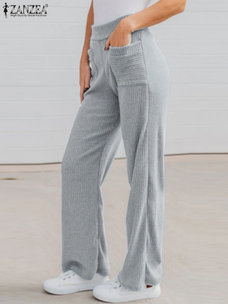 

Женские модные брюки ZANZEA, летние длинные брюки с высокой талией, однотонные элегантные офисные длинные брюки палаццо для женщин, большие размеры