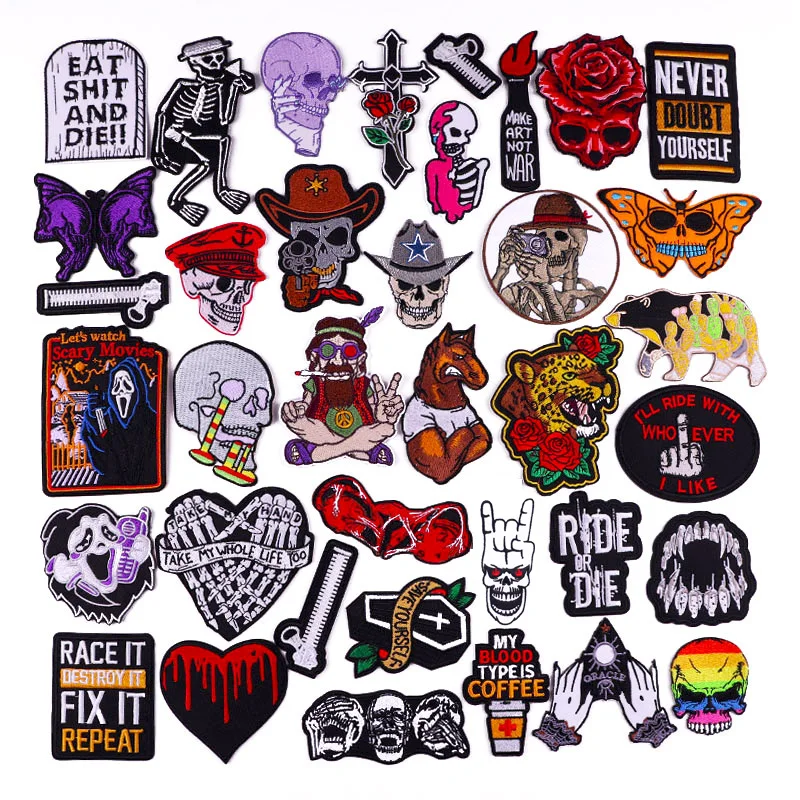 Нашивки с вышивкой в виде черепа розы на одежду аппликация животных стиле панк