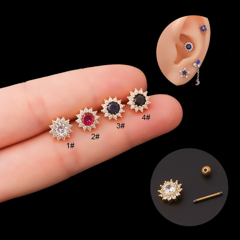 

1 PCS Vintage Round Zircon Flower Stud Earring for Women Classic Steel Screw Bar Ball Ear Cartilage Piercing Cuff Jewelry