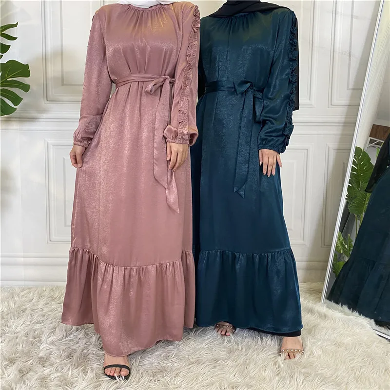 

Ramadan Eid Mubarak Abaya Silk Maxi Dress Pleated Muslim Arabic Hijab Long Kaftans Women Robe Djellaba FemmeLongue Islam Prayer