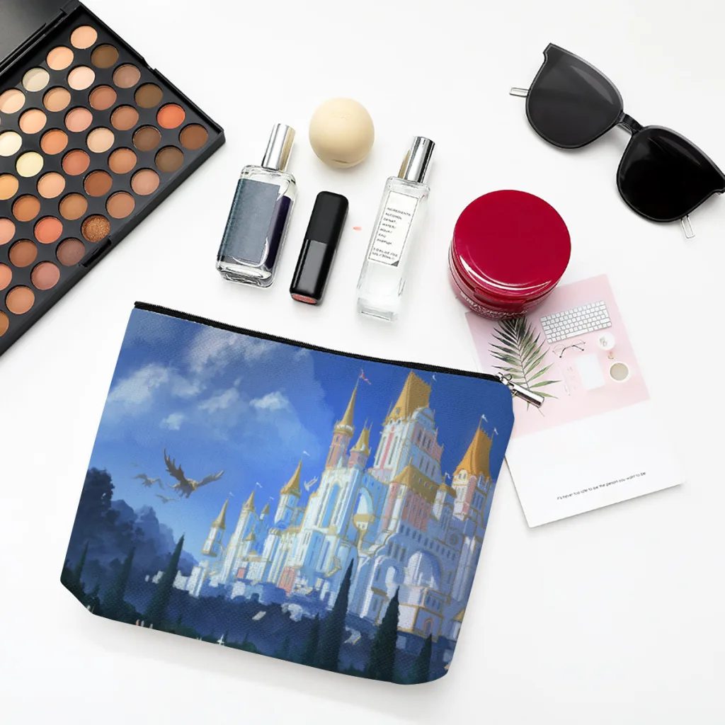 

White Castle Linen Women Cosmetic Bag Illustration Makeup Pouch Lady Tote Purse Zipper Clutch Phone Purse