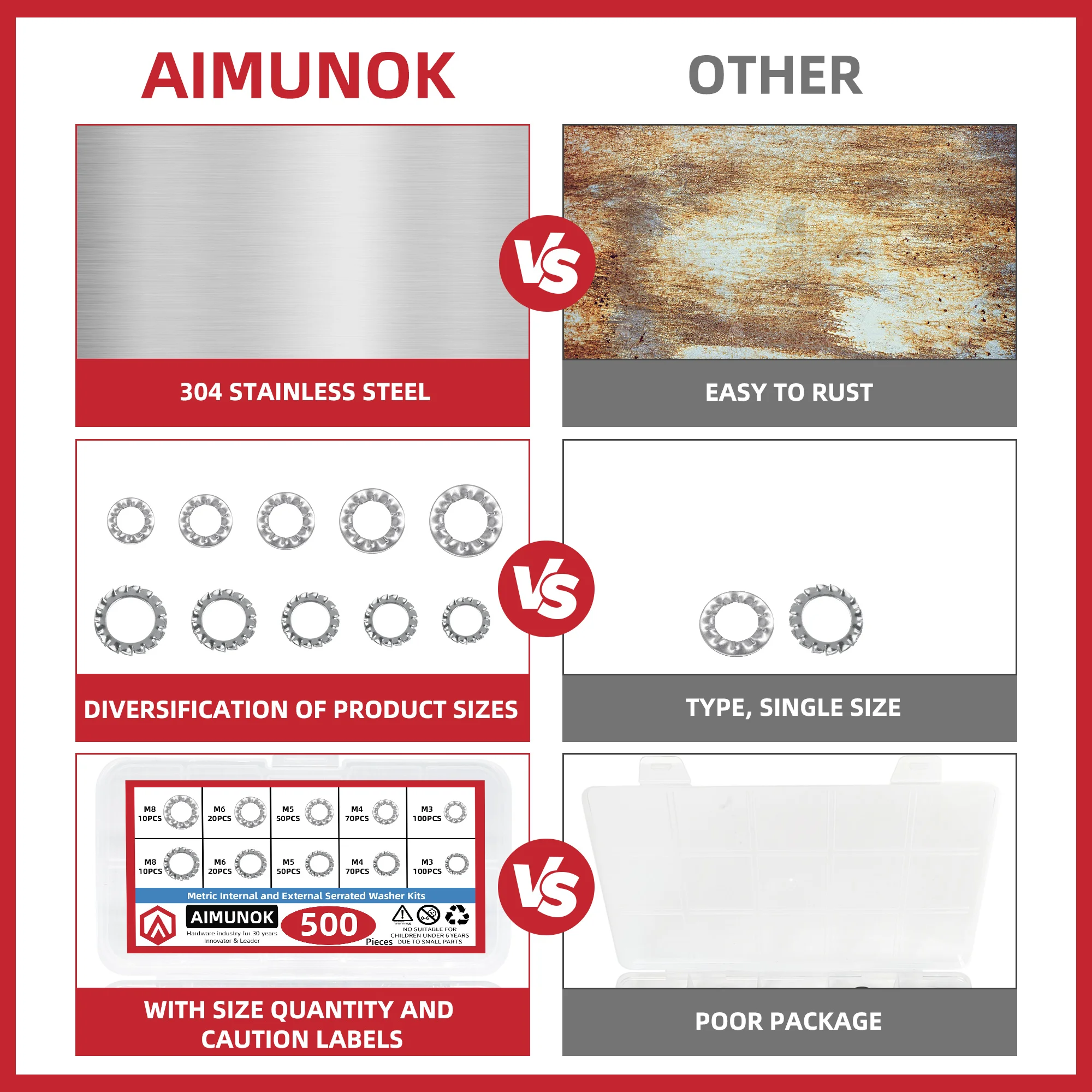 500 шт. метрические комплекты с внутренними и внешними зубчатыми шайбами M3 M4 M5 M6 M8