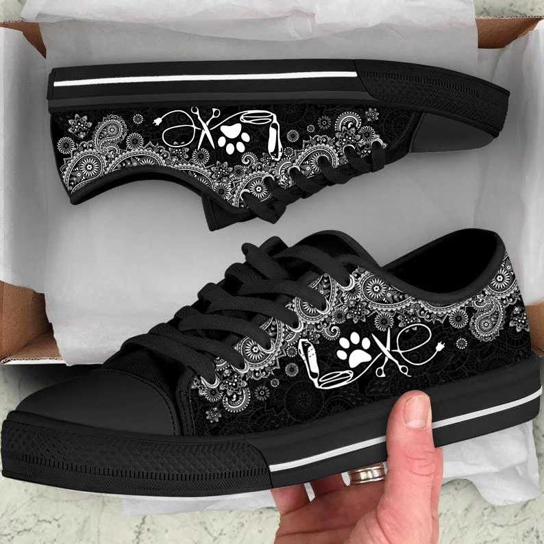 

ELVISWORDS Custom Print Canvas Shoes Woman Mandala Paw Heartbeat Dog Groomer Pattern Classic Low Top Ladies Flats Shoes