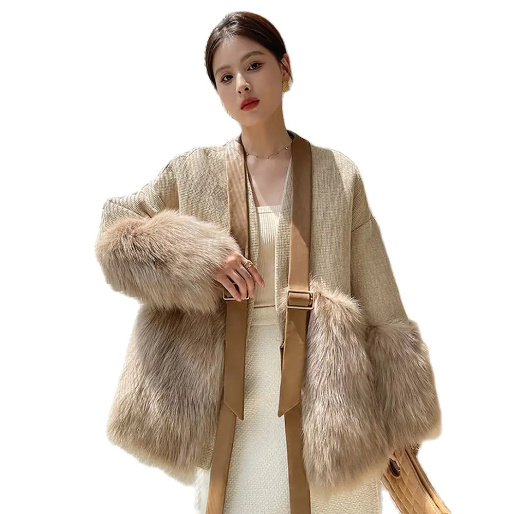 New Women Real Fur Coat Autumn Winter Vintage Elegant Thick Warm V-Neck Fox Fur Wool Blended Fur Jacket Loose Outerwear Female