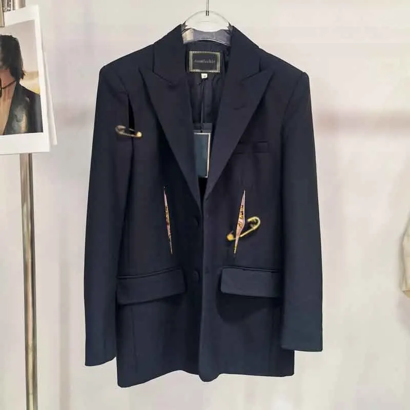 

22 Early Autumn New Pin Waist Black Blazer Fashion Office Lapel Double Button Jacket Temperament Long Sleeve Coat For Women