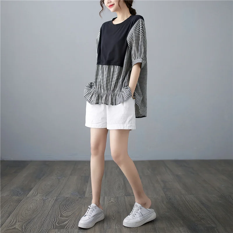 

Aransue Fashionable Plaid Stitching Top Summer Loose Casual Short Sleeved T-Shirt Back Button Asymmetry Tee Dropshipping