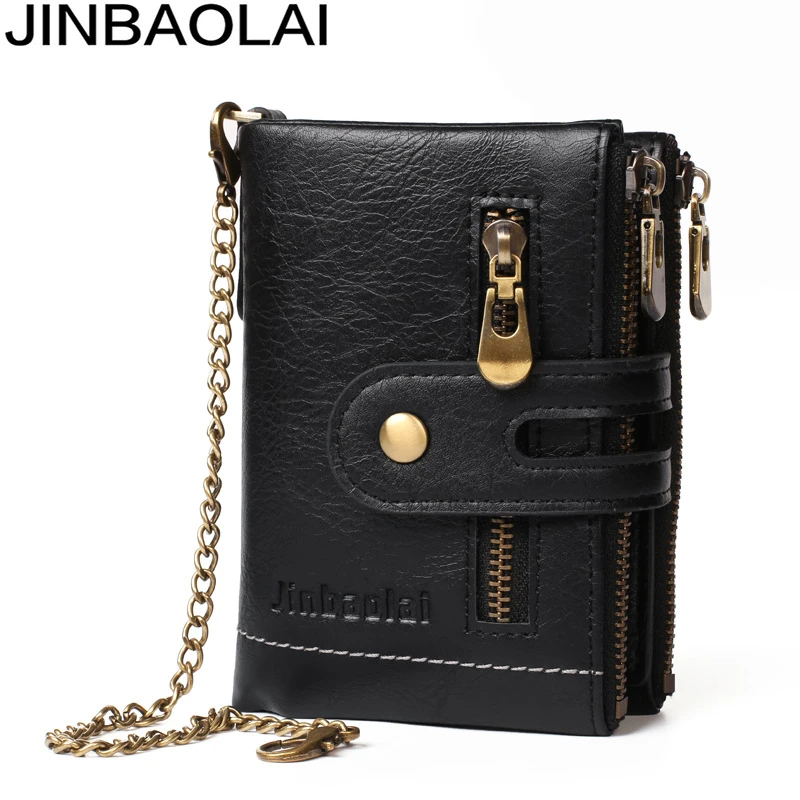 

2022 New Men Wallets Vintage Double Zipper Pu Leather Short Card Holder Chain Men Purse High Quality Brand Male Wallet