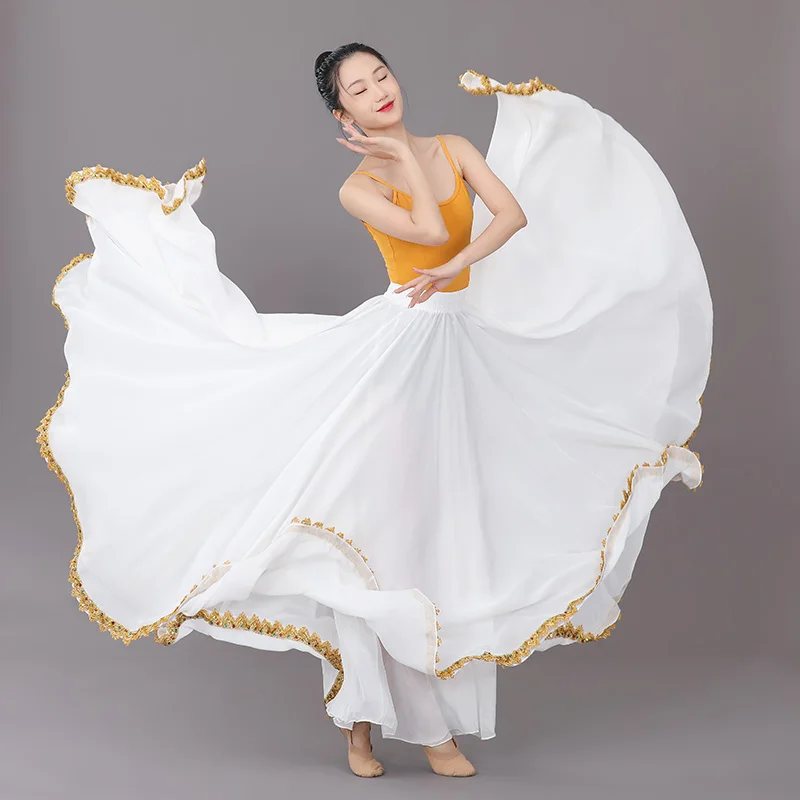 

Big Swing 720 Degree Trim Golden Decor Skirts Women Dance Chiffon Boho Bohemian Summer Long Maxi Floor Length Pleated Faldas