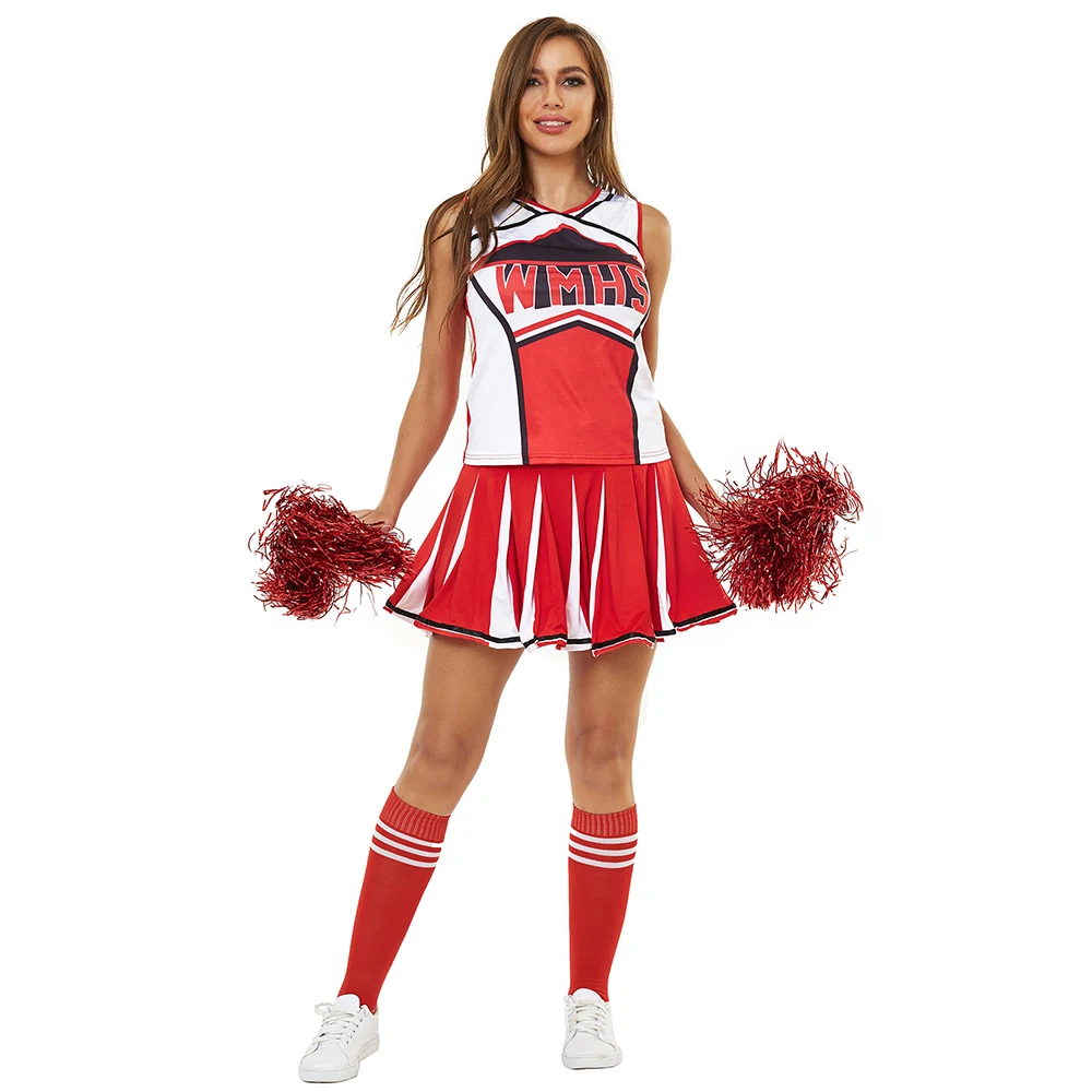 

Cheerleader Stage Performance Red Dress+Pompoms Cheerleading Costumes Adult High School Cheer Uniform Girl Dancing Show