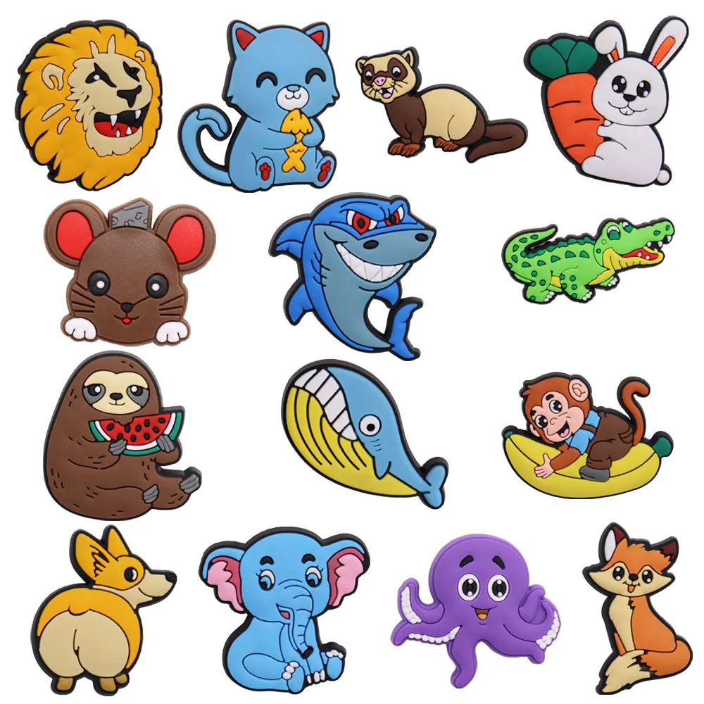 1-14Pcs Cartoon Elephant Animals Dog Monkey Shark Rabbit PVC Sandals Shoes Accessories Decorations for Croc Jibz Designer Charms |