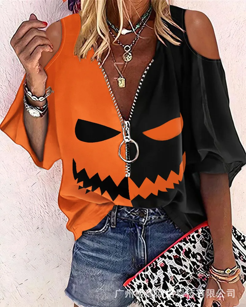 

Женская футболка, топ на Хэллоуин, контрастный пикантный Модный пуловер с открытыми плечами, длинным рукавом, молнией и головой тыквы, ажурн...