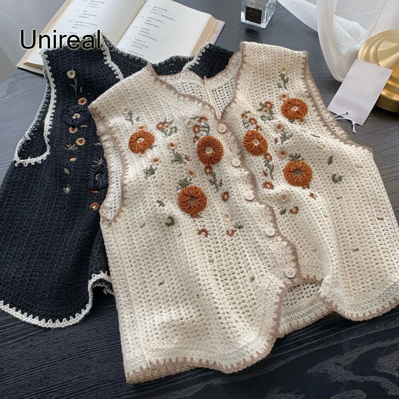 

Женский винтажный Трикотажный жилет Unireal, жилет с цветочной вышивкой, осень 2022