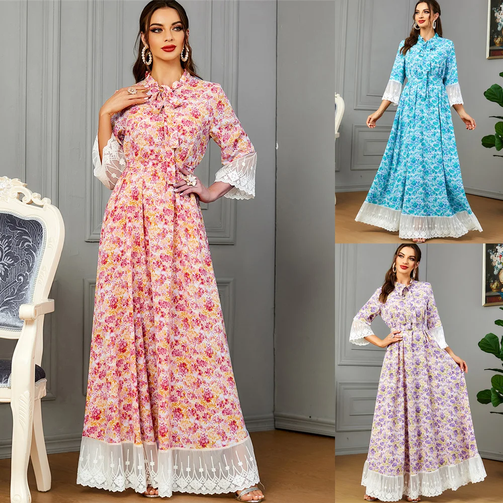 

Women Spring Floral Printed Muslim Dress Long Sleeve Casual Lace Muslim Abaya Dubai Turkey Sundress Robe Femme Islamic Clothing