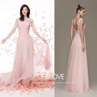 vestido de festa custom beading flowers sexy backless pink tulle long prom dresses 2015 new a line evening dress formal gowns