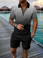 mens high quality activewear gradient print short sleeve zip polo shirt and shorts set mens casual streetwear set of 2