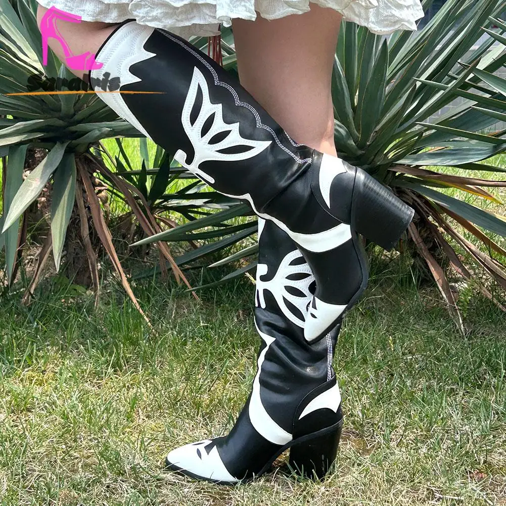Retro Style Vintage Western Women Boots 2023 Winter Autumn Pointed Toe Patchwork Knee-high Boots Dress Long Boots Comfy Walking