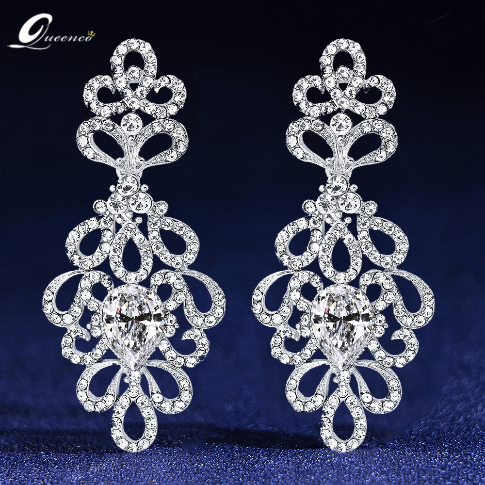 Korean Pircing Big Drop Earrings Flower Bride Silver Color Wedding Jewelry Crystal Hangers Party Dangle Earring Accessories